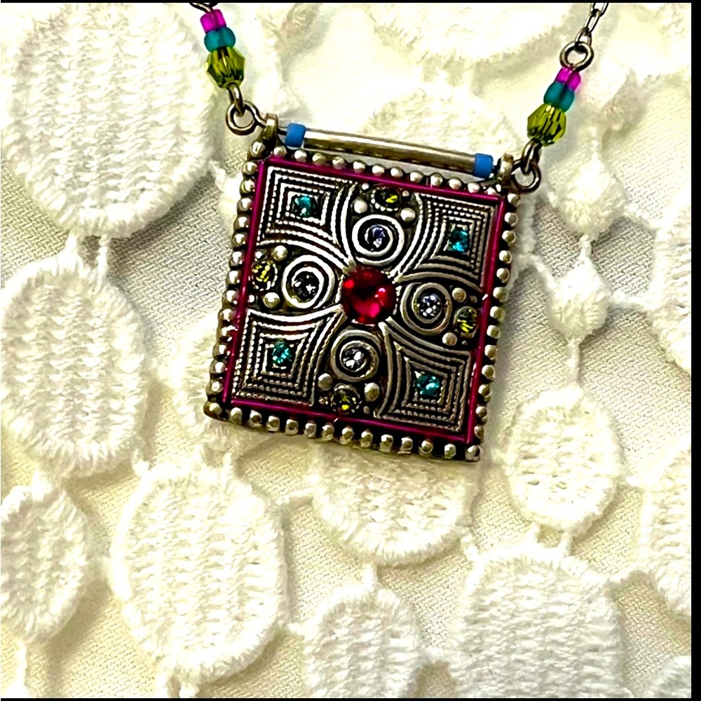 Unusual Design on this Sterling Silver Square Necklace Including Gorgeous Beads